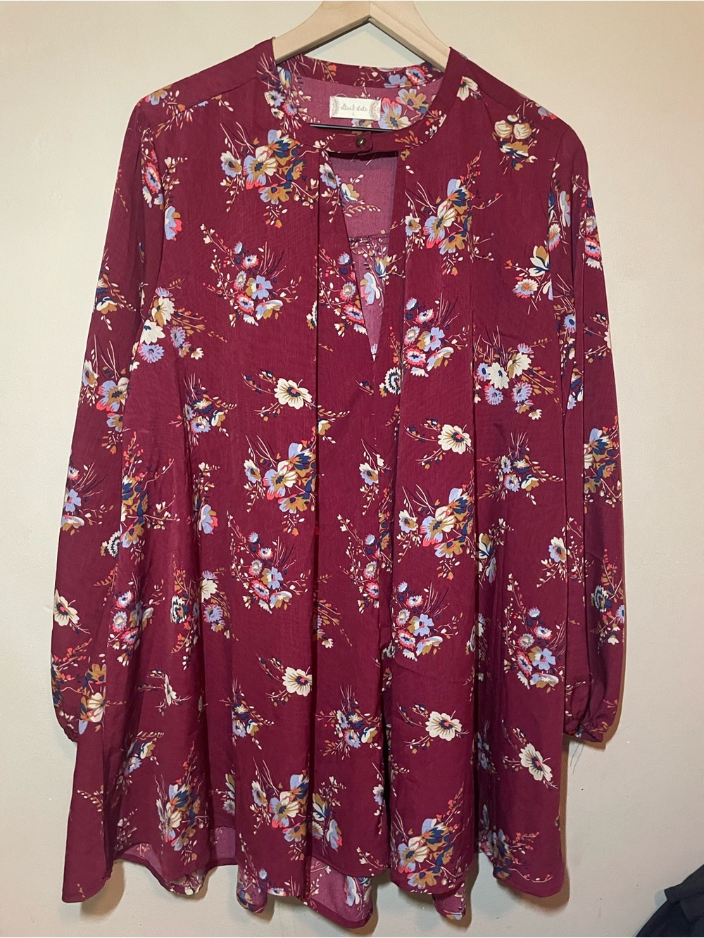 Altar'd State Floral Tunic Blouse Burgandy Boho Long Sleeve Size Large
